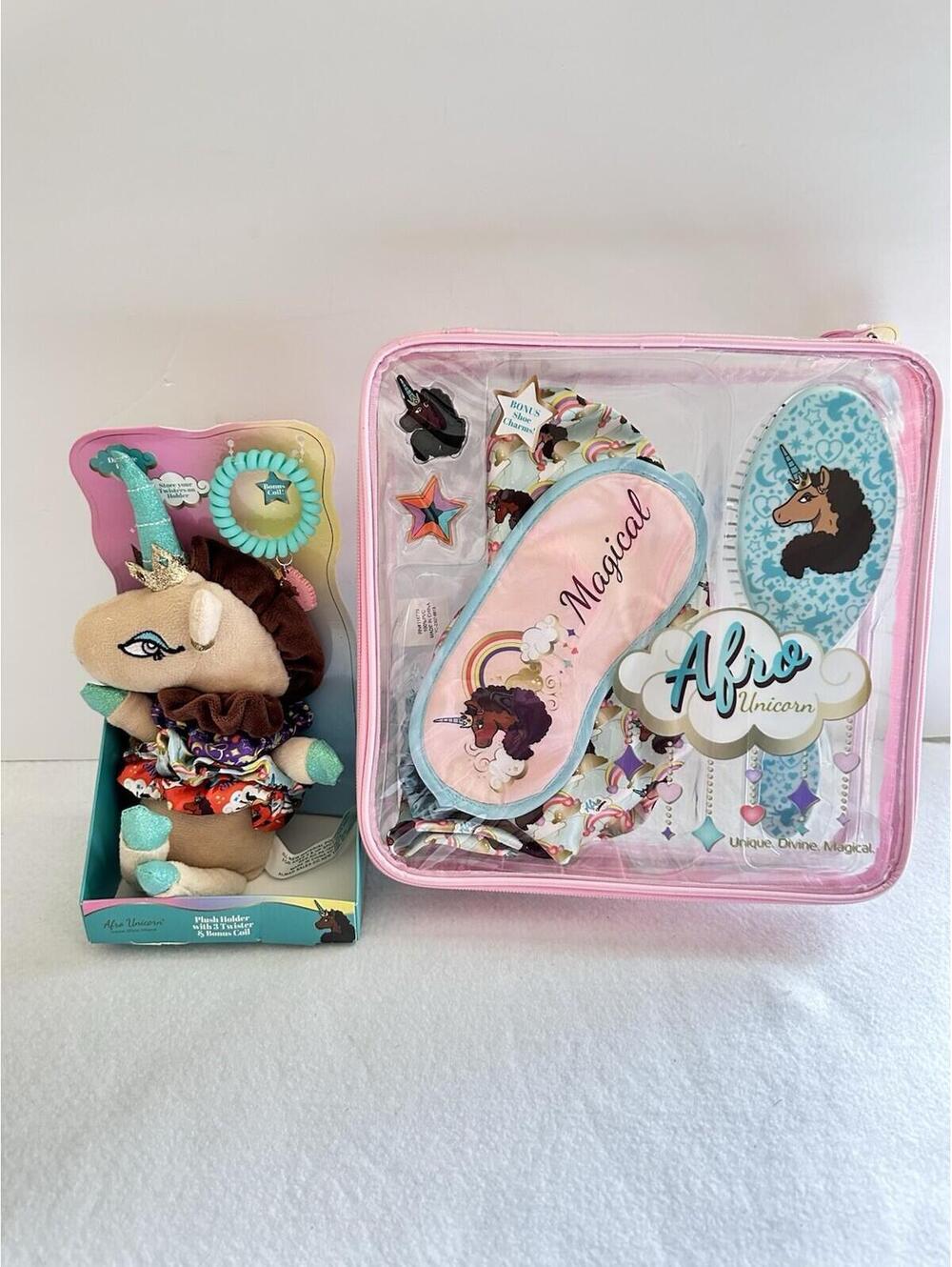Afro Unicorn Lot Of 2 Paddle Brush, Headwraps Eye Mask, Hair scrunchies Gift Set